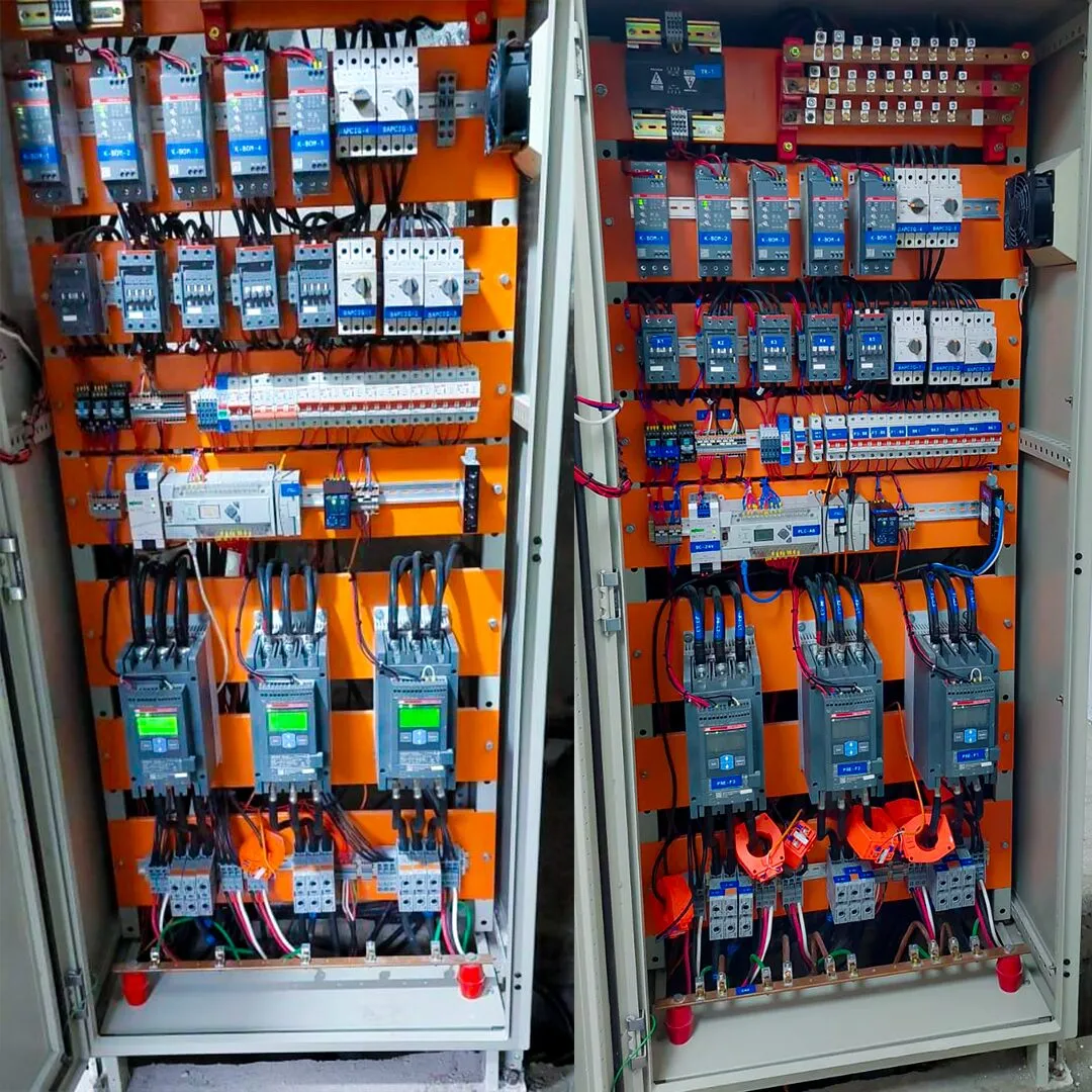 Dos tableros eléctricos gemelos con protecciones y borneras